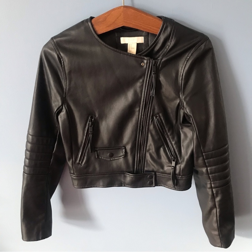 H&M juniors black faux leather zip up moto jacket size 4 - Picture 3 of 12
